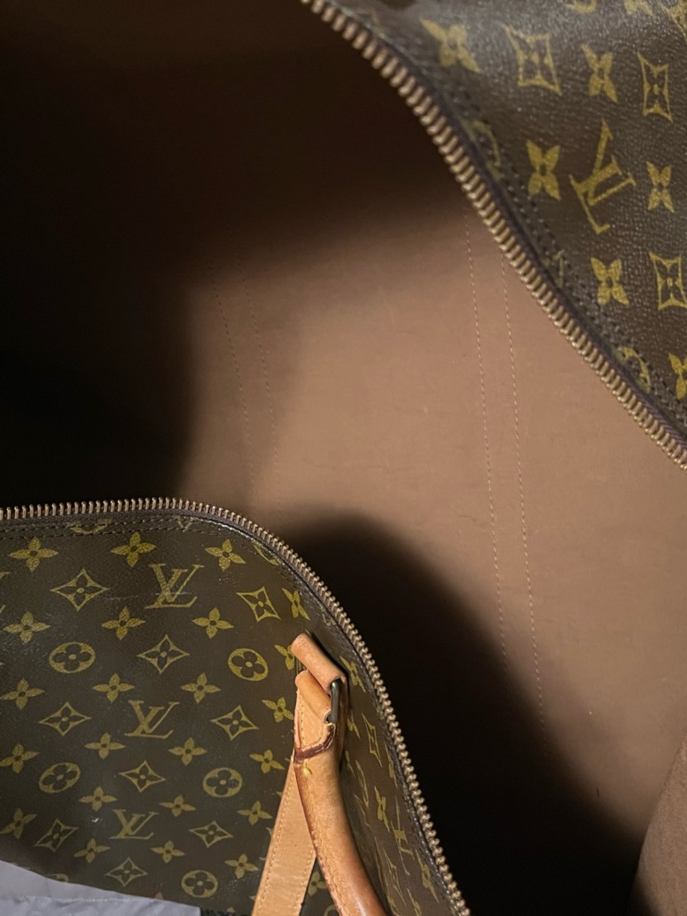 Louis Vuitton Brown Monogram Keepall Duffel Bag with Tan Leather Trim - Picture 13 of 16